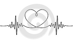 Heart beat one line. Continuous lines heart beats drawing. Wave pulse. Hand draw heartbeat. Design heartbeat print. Black