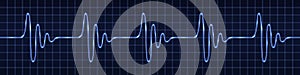 Heart beat pulse. Sine wave impulse signal. Oscilloscope monitor display, Blue light glow. Electrocardiogram graph line.