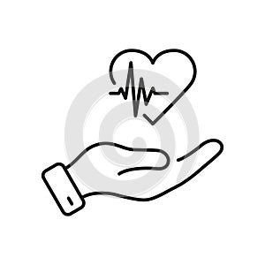 Heart Beat Rate Care Symbol. Cardiac Treatment Linear Pictogram. Emergency Diagnosis. Heartbeat with Human Hand Line