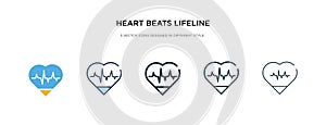 Heart beats lifeline in a heart icon in different style vector illustration. two colored and black heart beats lifeline in a