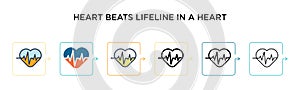 Heart beats lifeline in a heart vector icon in 6 different modern styles. Black, two colored heart beats lifeline in a heart icons