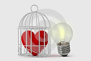 Heart in bird cage with free light bulb - Mind and heart concept