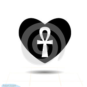 Heart black icon. Ankh symbol in heart. Valentines day sign, emblem, Flat style for graphic egyptian life, symbol of immort