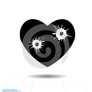 Heart black icon, Love symbol. Bullet holes in heart. Valentines day sign for congratulation and shadow on white background