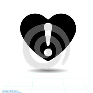 Heart black icon, Love symbol. exclamation mark in heart. Valentines day sign, emblem, Flat style for web design, logo. Cut