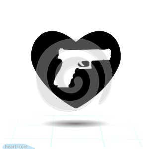 Heart black icon, Love symbol. Pistol Gun in heart. Valentines day sign, emblem, Flat style for graphic and web design, log photo