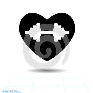 Heart black icon, Love symbol. The silhouette beautiful dumbbell floats in heart. Valentines day sign, emblem, Flat style f