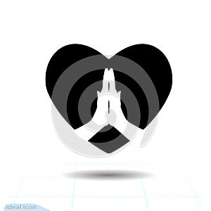 Heart black icon, Love symbol. The silhouette hands folded in prayer in heart. Valentines day sign, emblem, Flat style for