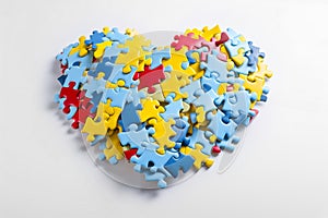 Heart from blue, light blue, red and yellow puzzles. World Autism Awareness day concept. Generative AI illustration.