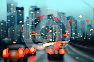 Heart bokeh background, night city lights. Heart shape bokeh from street light. City in love. Valentine's Day