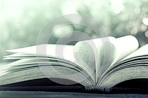 Heart book page on bokeh background