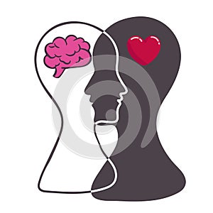Heart and Brain concept, conflict between emotions and rational thinking, teamwork and balance between soul and