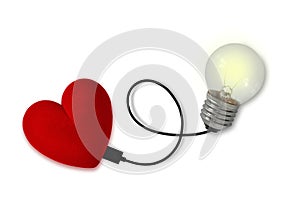 Heart and brain connected with cable on white background - Concept of mind and heart connection