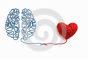 Heart and brain connected by a knot on a white background