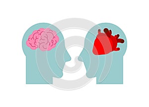 Heart and brain in two head. Mind or feelings concept