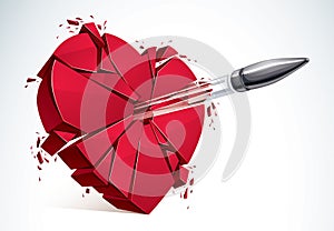 Heart broken with bullet gun shot, 3D realistic vector illustration of heart symbol exploding to pieces. Creative idea