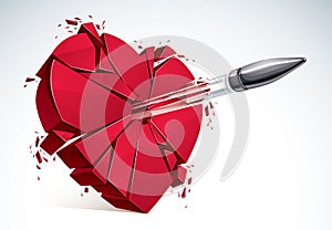 Heart broken with bullet gun shot, 3D realistic vector illustration of heart symbol exploding to pieces. Creative idea