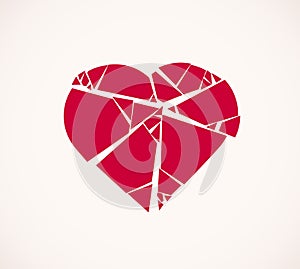 Heart broken to pieces like a glass vector logo or icon, broken heart concept, breakup or divorce, heartbreak regret, separated