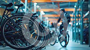 In the heart of a bustling workplace, employees utilize the bicycles from a provided bike-sharing arrangement