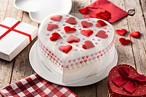 Heart cake for St. Valentine`s Day, Mother`s Day, or Birthday, decorated with sugar hearts