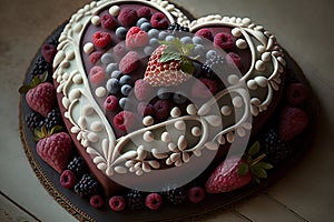 Heart cake for St. Valentine's Day, Mother's Day, or Birthday, decorated on a wooden table. Generative AI