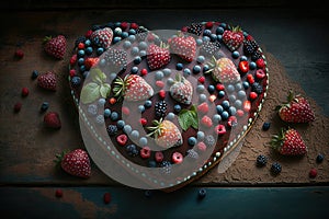 Heart cake for St. Valentine's Day, Mother's Day, or Birthday, decorated on a wooden table. Generative AI