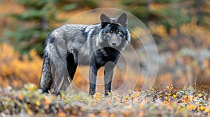 In the heart of the Canadian Rockies, Banff\'s Lake Louise shelters an elusive black wolf, its primal instincts and majestic