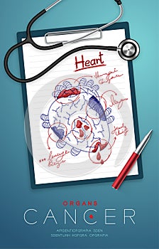Heart Cancer and infection, Doctor writing and hand sketch drawing on paper chart with pad, pen and stethoscope, Medical Science