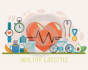 heart cardio with healthy lifestyle icons