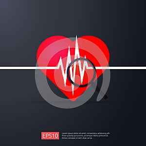 heart cardiology. heartbeat or beat pulse search icon. danger heart attack symbol. world heart day concept for banner or poster. V