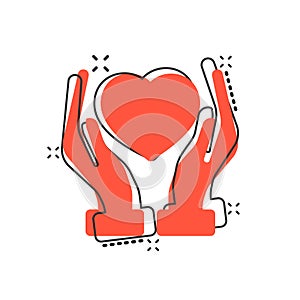 Heart care icon in comic style. Charity vector cartoon illustration on white isolated background. Love in hand business concept