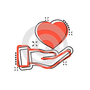 Heart care icon in comic style. Charity vector cartoon illustration on white isolated background. Love in hand business concept