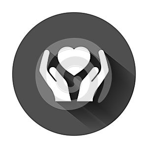 Heart care icon in flat style. Charity vector illustration on black round background with long shadow. Love in hand business