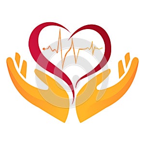 Heart care logo design. Hand holding heart with heartbeat icon cartoon vector illustration
