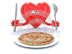 Heart cartoon with hands, fork and knife in front of a pizza dish