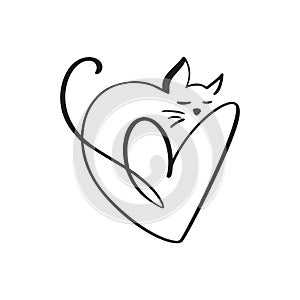 Heart and cat love logo sign. Design flourish element for valentine card. Vector illustration. Romantic symbol wedding