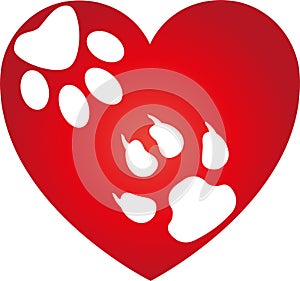 Heart, cat paw and dog paws, dogs and cats logo