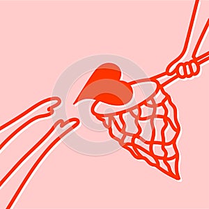 heart catching with butterfly net, catch, love hunt, trap, chase symbol, pink and red combo, hand drawn vector illustration