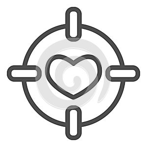 Heart in center of target line icon. Love darts, follover and aiming symbol, outline style pictogram on white background