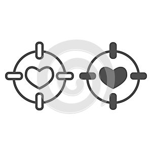 Heart in center of target line and solid icon. Love darts, follover and aiming symbol, outline style pictogram on white