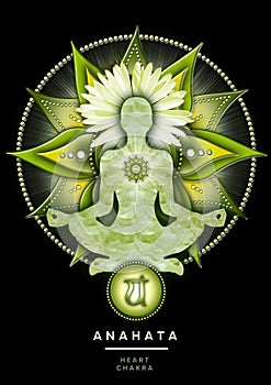 Heart chakra meditation in yoga lotus pose, in front of anahata chakra symbol.