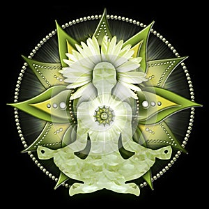 Heart chakra meditation in yoga lotus pose, in front of anahata chakra symbol.