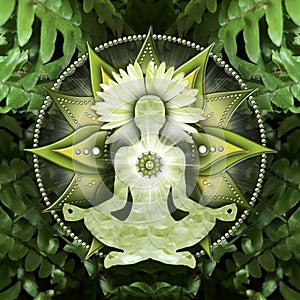 Heart chakra meditation in yoga lotus pose, in front of anahata chakra symbol and calming, green ferns.