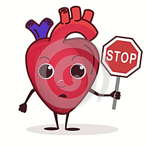 Heart Character with Stop prohibition sign, Healthcare concept, cardiac disease. Vector