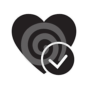 Heart with check mark glyph icon. Health care. Silhouette symbol. Cardiology. Negative space. Raster isolated illustration