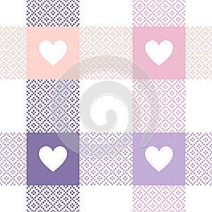 Heart check pattern in pastel lilac, pink, white for Valentines Day. Abstract geometric tartan buffalo check plaid for tablecloth.