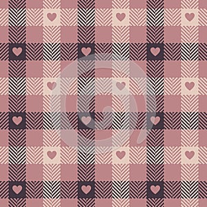 Heart check plaid pattern for Valentine Day in pink, brown, beige. Seamless gingham with hearts for dress, jacket, skirt, scarf.