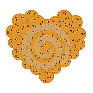 Heart Chocolate chip cookie set, Freshly baked Four cookies on white background. Bright colors. Vector