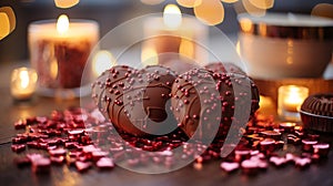 Heart Chocolates on Candlelit Bokeh-Filled Background, Valentines Day photo
