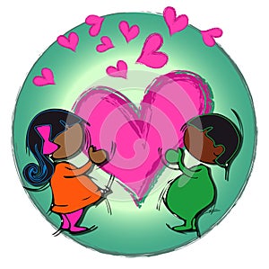 Heart Circle Mandala, Cartoon for African-Indian Baby Children Couple